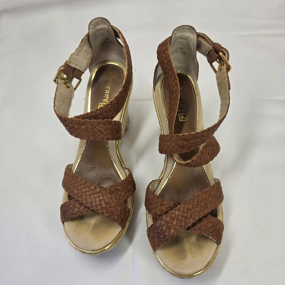 Sperry Espadrille Wedge Sandals Women's 7.5 Brown Braided Leather Strappy Heels